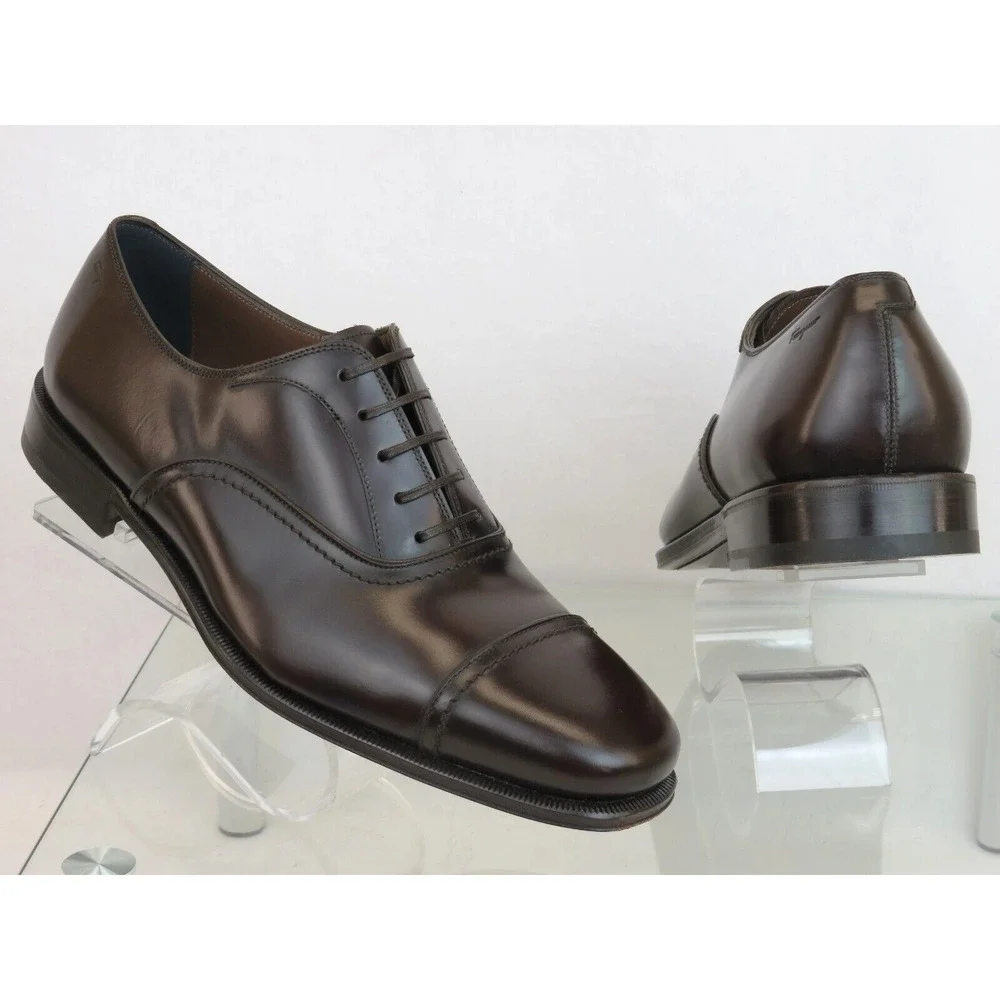 NIB FERRAGAMO SEUL DARK BROWN POLISHED LEATHER CAP TOE LOGO OXFORDS 12 D
